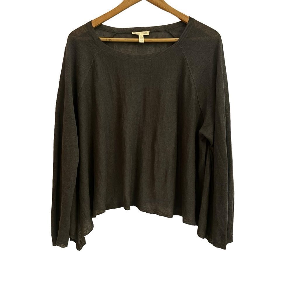 Eileen Fisher Grey Organic Linen Semi Sheer Oversized Minimalist Neutral Top Lrg
